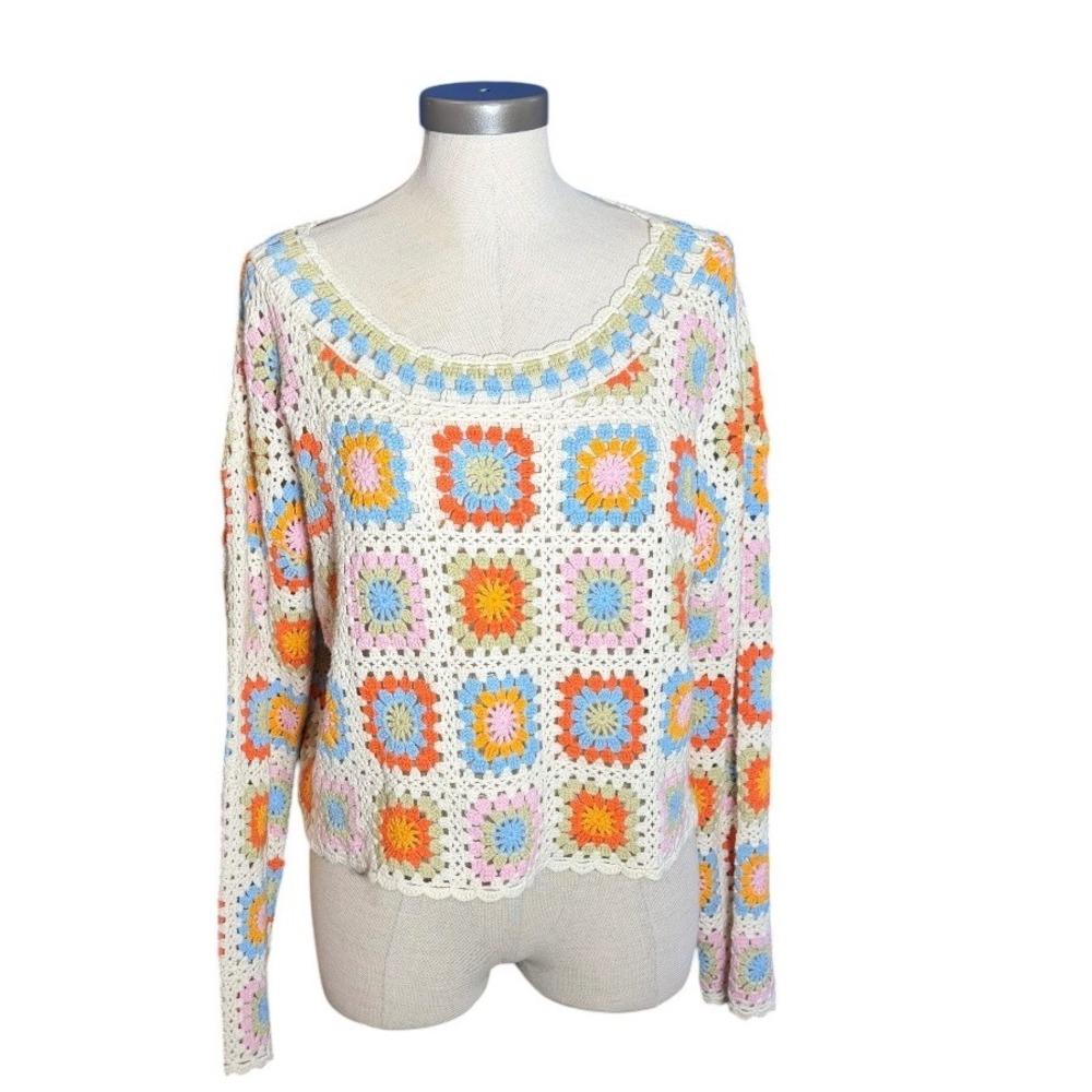 Sincerely Jules Granny Square Crochet Sweater Multi-Color Long Sleeve ST21035 M